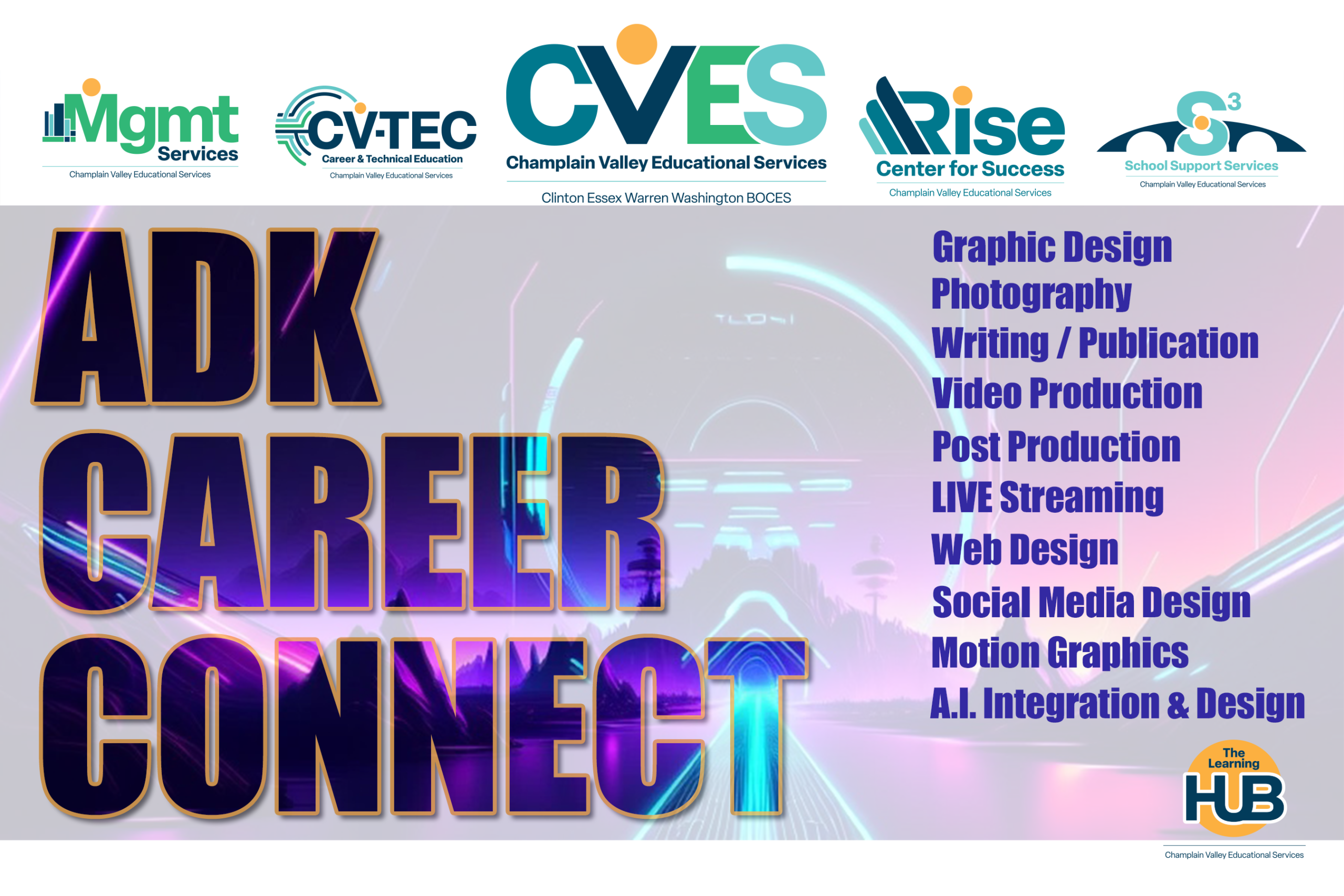 ADK Career Connect Poster Image of Career Connect Poster with a list of jobs that we do — Graphic Design, Photography, Writing, Publications, Video Production, Post Production, LIVE Streaming, Web Design, Social Media Design, Motion Graphics, AI Integration & Design